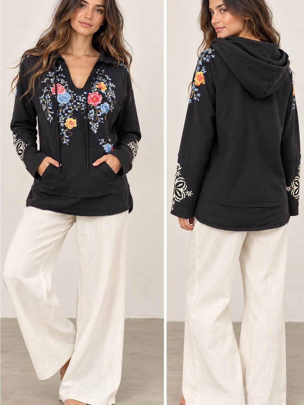 Black Floral French Terry Embroidered V‑Neck Hoodie